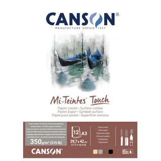 Canson Mi-Teintes Touch, Pastellpapier, Sandpapier-Effekt, 350 g/m2, an der langen Seite geleimter Block, DIN A3, 29,7 x 42 cm, 4 ausgewählte Farbtöne, 12 Blatt