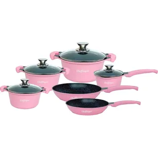 10-Teilig Kochgeschirr-Set Topf Induktion Alu Guss Pfanne Topfset Kochtopfset Marmor Pink - Rosa