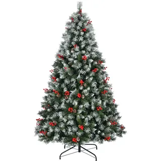 Asinse 120cm Weihnachtsbaum künstlich, Tannenbaum mit Schnee-Effekt,350 Spitzen mit 27 Tannenzapfen und 27 rote Beere Deko, beschneiten Spitzen und Kunsttanne, mit Metallständer