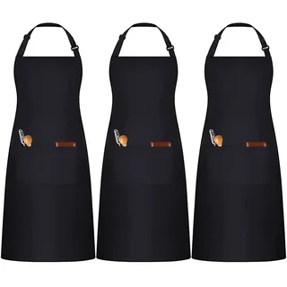 umboom 3 Stücke Schwarze Kochschürze, Verstellbare Küchenschürze mit 3 Taschen für Herren Frauen, Gastronomie Arbeits Schürze für Kellner Chef Friseur Barista Backen Bar (Polybaumwolle - Schwarze)