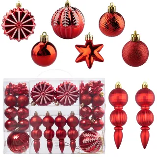 hocadon 52Stück Weihnachtsbaumkugeln Weihnachtskugeln Kunststoff Weihnachtsbaumschmuck Weihnachtskugeln Rot Christbaumkugeln für Weihnachtsdeko