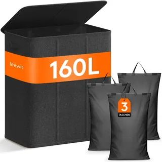 Lifewit 160L Wäschekorb 3 Fächer, Wäschesammler mit Deckel, Wäschekorb Wäschekörbe Groß 3 Abnehmbarem Wäschesack, Laundry Baskets mit Griffen, Waschenkorbe Wäschetonne Wäschesortierer, Schwarz