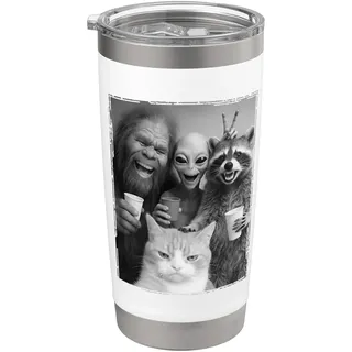 Katzen-Selfie mit Bigfoot, Alien & Racoon | Lustige Katze Doppelwandiger Edelstahl-Thermobecher