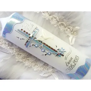 kerzenzauber-lusine Taufkerze, Kommunionkerze, Junge, Mädchen, 250 / 70 mm, VT-11 inklusive Zubehör zur Selbstbeschriftung.