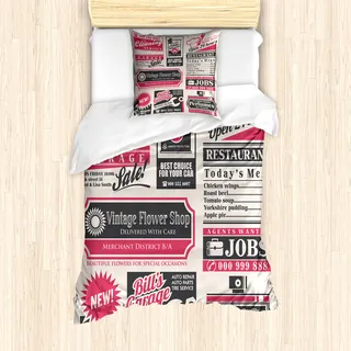 ABAKUHAUS Retro Bettbezug Set für Einzelbetten, Nachrichtenmagazin Design, Milbensicher Allergiker geeignet mit Kissenbezug, Creme Rot Schwarz - Creme