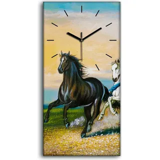 Küche Wohnzimmer Wand Leinwand Uhr 30x60 Kunst bunte Sieben Laufpferde modern - schwarze Hände