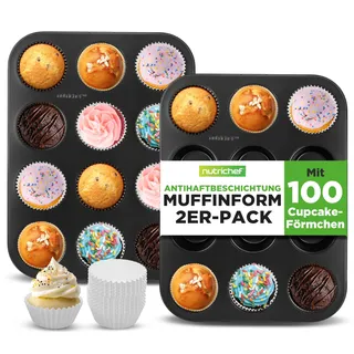 NutriChef 2er Set- Muffin Backform für 24 Muffins, Muffinblech Antihaft aus Karbonstahl inkl. 100 Muffinförmchen aus Papier, 35 x 26cm. für Cupcakes, Brownies, Basic Baking