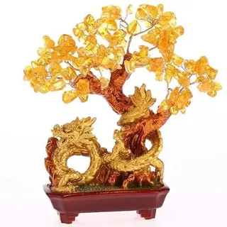 Lachineuse - Drachenbaum aus gelbem Citrin – Feng Shui Baum 19 cm – asiatische Dekoration Japanischer Drache – Glücksbaum mit goldenem Drachen – asiatische Deko mit Edelsteinen – Objekt Japan Zen