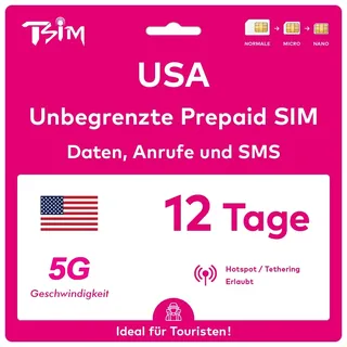 TSIM USA SIM-Karte 12 Tage. T-Mobile-Netz mit unbegrenztem Highspeed-Datenvolumen in 5G/4G/LTE | Unbegrenzte Anrufe und SMS innerhalb der USA (einschließlich Hawaii). 5G SIM-Karte!