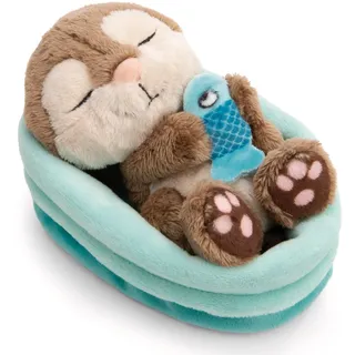 NICI Kuscheltier Otter mit Fisch 12cm schlafend im Körbchen - Weiches Stofftier aus Plüsch zum Liebhaben, Knuddeln & Spielen, tolles Geschenk für Kinder & Erwachsene | 63122
