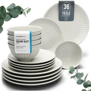 Steingut Geschirrset 12 Personen Hygge 36 tlg. TESTSIEGER, Traumhaftes Skandinavisches Steingut Geschirr Set, Schüssel- und Teller Set, Tafelservice 12 Personen, Geschirrsets Pure Living in Beige