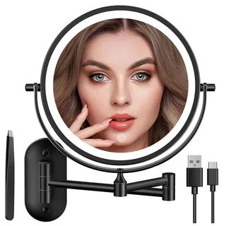 Auxmir Kosmetikspiegel mit Beleuchtung, 1X/30X Wiederaufladbar Schminkspiegel, 3200mAh Rasierspiegel Wandmontage, Dimmbar Vergrößerungsspiegel mit 3 Lichtfarben, 360° Drehbar für Badezimmer