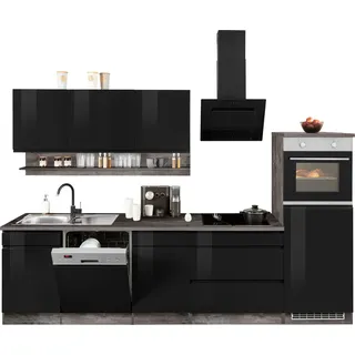 Küchenzeile KOCHSTATION "KS-Virginia", schwarz (küche: schwarz, front: schwarz hochglanz, korpus: eiche vintage, arbeitsplatte: eiche vintage), B:300cm T:60cm, Komplettküchen-Sets, Küchenzeile, Breite 300 cm, wahlweise mit E-Geräten