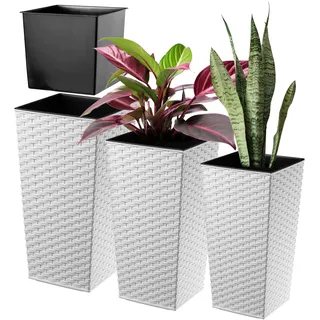 KADAX 3er Set Pflanzkübel mit Innentopf 46,5/57,5/68 cm Höhe, Weiß Rattan – wetterfeste & robuste Blumenkübel aus Kunststoff, Blumentöpfe für Innen- & Außenbereich