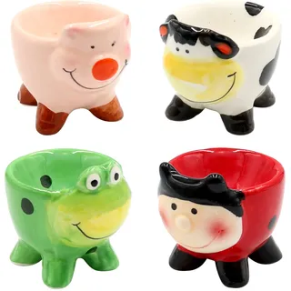 Dekohelden24 - Keramik Eierbecher/Eierhalter/Eierschale als Tiere (Frosch, Marienkäfer, Kuh und Schwein), im 4er Set, Maße je Becher ca. 6 x 5 x 6 cm.