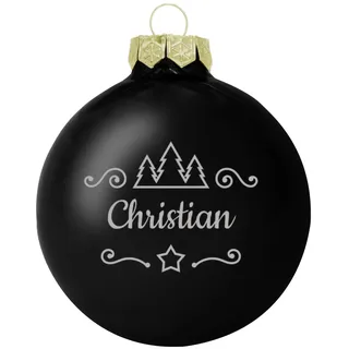 Deitert Weihnachtskugel mit Namen oder Wunschtext graviert, Ø 8cm, personalisierte Christbaumkugel aus Glas (glänzend), individueller Weihnachtsbaumschmuck mit Gravur, Tannen-Motiv, Schwarz