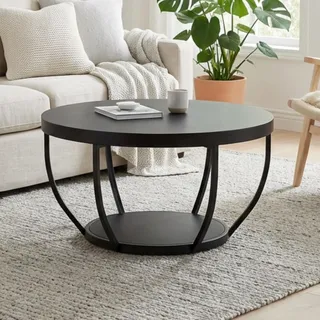 Home Collective Couchtisch Ø 80 cm rund, moderner Beistelltisch mit 2 Ablagen, Wohnzimmertisch mit Metallgestell 46 mm Tischplatte, Sofa-Tisch, idealer Ablagetisch für Wohnzimmer Deko | Schwarz - Schwarz