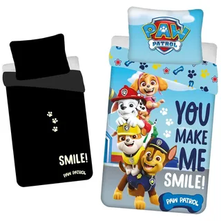 Jerry Fabrics Paw Patrol Kinderbettwäsche mit Leuchtmotiv, You Make Me Smile, Skye, Marshall, Everest, Chase, Rubble, Bettdecke 140x200 + Kopfkissen 70x90 cm, 100% Baumwolle
