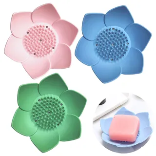 3 Stück Seifenschale, Lotus Seifenschale, Silikon Basis Seifenhalter, Geeignet für Badezimmer, zur Aufbewahrung von Seife(DREI Farben)