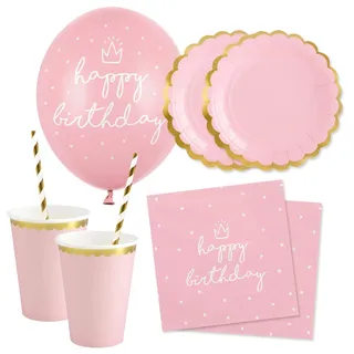 decoraparty Rosa Party-Set für 12 Personen, Tischdekoration für Geburtstag Mädchen Party Happy Birthday 6 Luftballons, 20 Servietten, 12 Teller, 12 Becher, 20 Strohhalme (70 Stück)