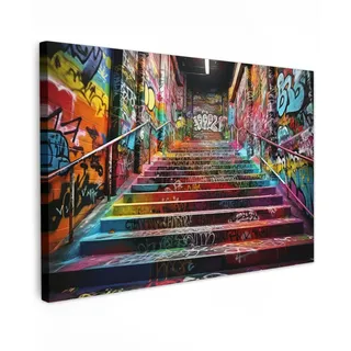 MuchoWow Leinwandbild Treppe - Graffiti - Farben - Kunst 30x20 cm , Multicolor , Textil , Kiefer , Rechteckig , 30x20 cm , FSC 100% , gerahmt , Bilder & Rahmen, Bilder, Leinwandbilder