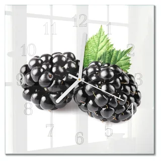 Tulup Glasuhr Wanduhr Küchenuhr Echt-Glas 30x30 cm Modern Dekorativ Geräuschlos Weiße Zeiger - Brombeeren - Schwarz