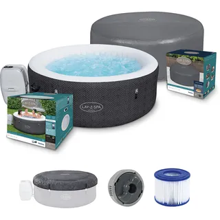 Bestway Lay-Z-SPA Havana AirJetTM WiFi Whirlpool, 180 x 66 cm, mit App-Steuerung, 2-4 Personen, rund, Anthrazit Flecht-Optik + Xtras EnerySense Thermo-Komplettabdeckung Ø 180 x 66 cm, rund