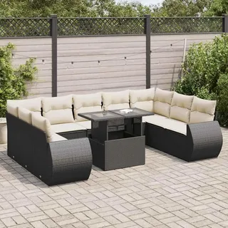 KKHOMEI PolyRattan Ecklounge Gartenmöbel Essgruppe Tisch mit Verstellbare Gartentisch Gartenlounge mit Stauraum Dining Polyrattan Gartenmöbel Set Schwarz und Creme 10-TLG Type-167