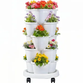 VECELO Vertikaler Pflanzgefäß mit 5 Ebenen, selbstbewässernd, stapelbar, Pflanzgefäße mit Rädern für Erdbeeren, Kräuter, Blumen, Gemüse, Weiß