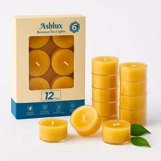 Ashlux Bienenwachskerzen – 12 Stück, 100% reines Bienenwachs Teelichter, 6 Stunden Brenndauer, Rauchfrei & Tropffrei, Gelb, für Hochzeit, Party und Zuhause