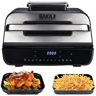 BAKAJI Heißluftfritteuse mit Grill Grillpfanne XXL Combi 6 l, Air Fryer Multifunktion mit Grillplatte zum Kochen, Rösten, Grillen, BBQ, 6 Kochstufen, Temperatursonde, 1800 W Schwarz/Silber