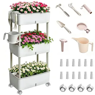 Hochbeet mit Rädern Pflanzkübel 3 Etagen Blumenkasten Hochbeet Kunststoff 118.5x46.6x25.5cm, Ablage, Pflanzkasten mit Haken & Rolle, Kräuterbeet Gemüsebeet für Balkon Garten Terrasse