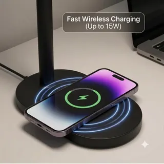 Evelatus Schreibtischlampe EWC07 Schwarz mit Kabellosem Ladegerät, USB-Anschluss und 4 Lichtmodi – LED-Tischlampe für Büro, Homeoffice, Lernen und Les - Schwarz