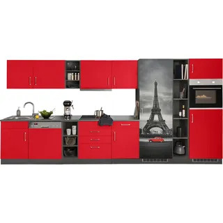 Küchenzeile KOCHSTATION "KS-Paris – Küchen mit einzigartigen Fotomotiven auf den Fronten", rot (küche: rot, front: rot, korpus: grafit, arbeitsplatte: anthrazit), B:400cm H:200cm T:60cm, Komplettküchen-Sets, Küchenzeile, Breite 400 cm, wahlweise mit E-Geräten und Induktion