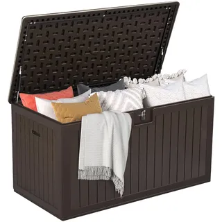 DWVO 567.8L Resin Aufbewahrungsbox für Außen, Doppelwandige wasserdichte Gartenbox mit Holzmaserung, Abschließbare Aufbewahrungsbox als Tisch oder Sitzbank (1000 kg Belastbarkeit) – Braun