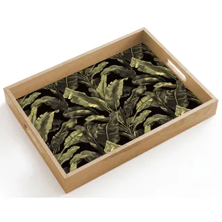 OnlyWow© Tablett Serviertablett rutschfest Griff Küchentablett | 40x30 cm - Rechteckig - Servierplatte Eiche Holztablett Henkel Hitzebeständig Botanisch - Blätter - Grün