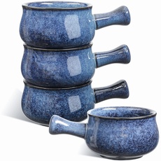Vicrays 4er Set Porzellan Suppenschüsseln mit Griff, Keramik Schüsseln, Ofenfest Backgeschirr zum Servieren von Chili, 740 ml für Suppe, spülmaschinenfest, mikrowellengeeignet(blau)