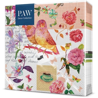 PAW - Servietten 3-lagig (33 x 33 cm) I 20 Stück I Perfekt für Geburtstage, Partys, Hochzeiten, Kommunion und Feiern I Papierservietten Bunt - Vögel, Blumen, Papageien I Farbe: Floral Poetry