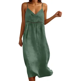 Neckholder Kleid Damen Sommer Maxi Kleid mit V-Ausschnitt Leichte Luftige Strandkleid Freizeitkleid Spaghetti Leinenkleid
