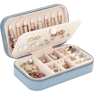 Kleines Reise Schmuckkästchen Samt, Kleine Schmuckkasten Samt für Mädchen Frauen, Mini Schmuck Organizer Aufbewahrung für Ringe Ohrringe Halskette Armbänder Kleine Schmuckkasten, Blau