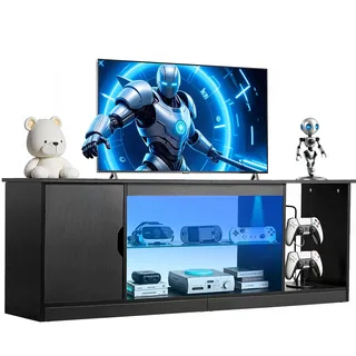 Vevor TV-Ständer für Fernseher bis zu 65 Zoll, TV Tisch mit Lichtleiste, TV-Schrank aus Holz mit Glasablage & verstellbaren Regalen, Konsolentisch Fernsehschrank für Wohnzimmer Schlafzimmer, Schwarz