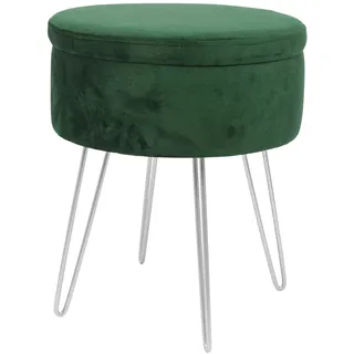 Harbour Housewares 1x Grün/Silber H45 x D36cm Runden Samt-Fußhocker mit Stauraum - Wohnzimmer Schminktisch Fußbank Ottomane Sitzpuff Stuhl Sitz