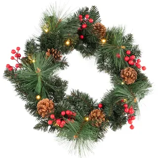 Idena 31903 - LED Weihnachtskranz mit 15 LED in Warmweiß, ca. 50 cm, Adventskranz mit Schmuck in Rot, Weihnachtsdeko für Innen, batteriebetrieben mit Timer
