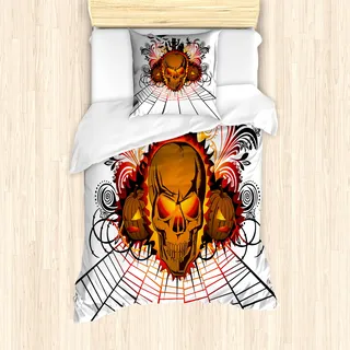 ABAKUHAUS Halloween Mantele, Schädel-Hexe, Milbensicher Allergiker geeignet mit Kissenbezügen, 135 cm x 200 cm - 80 x 80 cm, Mehrfarbig