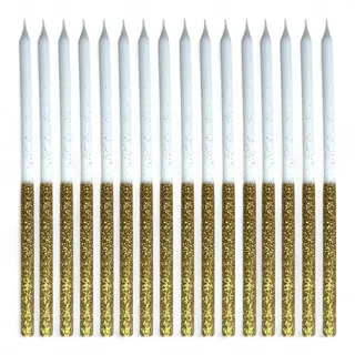 Lange Kuchenkerzen Geburtstagskerzen Gold Weiß mit goldenem Glitzer 16 Stück Set Tortendekoration mit Haltern