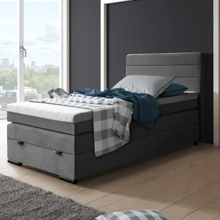 Boxspringbett Tulia 120 x 200 cm Einzelbett mit Topper Bett mit Taschenmatratze und Federkernmatratze Bettkasten, Stoff: mono 232 - Dunkelgrau - Dunkelgrau