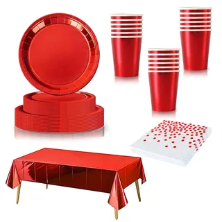 65 Stück Partygeschirr Rot, Einweggeschirr Set mit Pappteller Pappbecher Servietten Tischdecke Plastik für 16 Gäste, Papiergeschirr Partyzubehör für Geburtstag,Jubiläum,Hochzeit Weihnachten Party