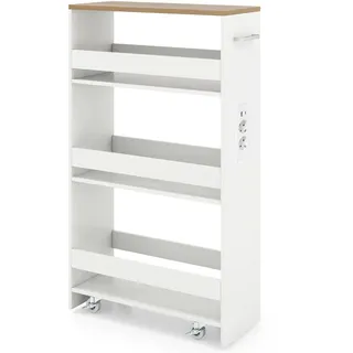FANTASK 20cm Schmaler Nischenwagen, 4 Etagen Küchen-Servierwagen mit Ladestation, Rollendes Holzregal mit Griff & Geländer, Badregal für Küche & Badezimmer (Weiß+Natur)