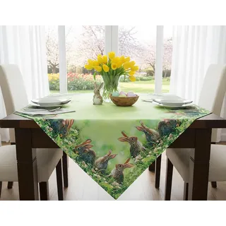 KAMACA Tischdecke 85x85 cm Hasen Trio Ostertischdecke quadratisch Bunte Frühlingstischdecke abwaschbar pflegeleicht Osterdeko für Küche Esstisch Wohnzimmer, Frühling & Ostern (85x85cm Hasen Trio)