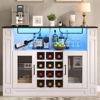Merax Sideboard Weinschrank mit LED-Beleuchtung, Kaffeebarschrank mit Weinglashalter, Weinregal, Kommode, Getränkeschrank für Küche Wohnzimmer, Weiß - Weiß
